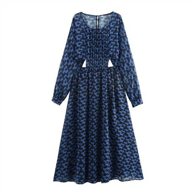 أزرق وأسود مطبوع طويل - فستان ميدي الأكمام